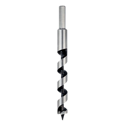 Metal auger drill bit with hex shank and spiral design for woodworking, shown vertically on a white background.