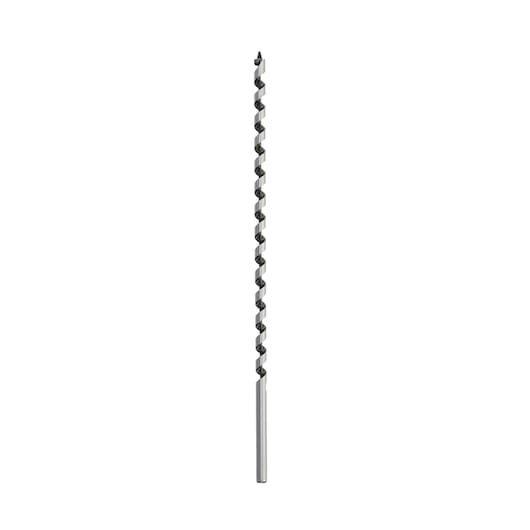 A single long, spiral metal drill bit shown vertically on a white background.