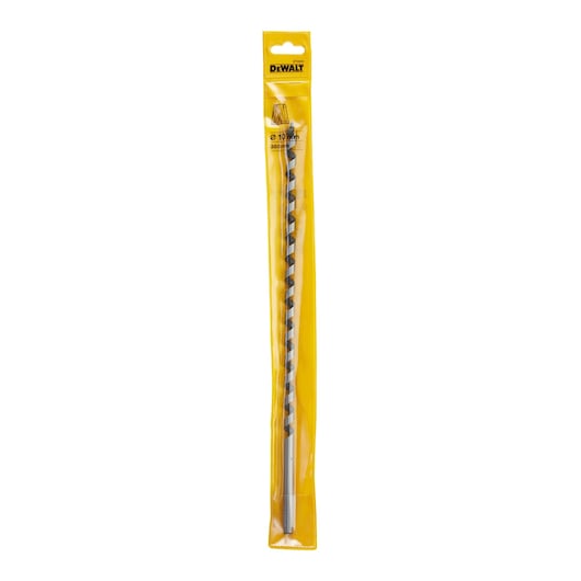 DEWALT DT4634 drill bit in yellow packaging, long spiral design for masonry or concrete drilling.