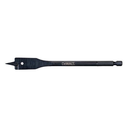 A DEWALT flat wood drill bit with a hex shank and sharp cutting tip, designed for drilling holes in wood.