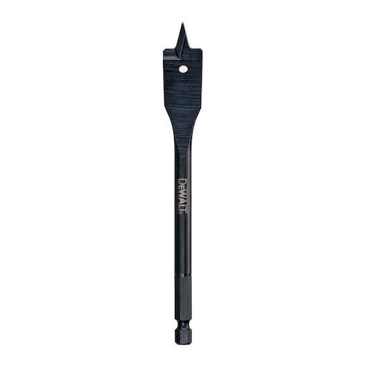 DEWALT flat wood drill bit with sharp point and hex shank, designed for fast drilling in wood surfaces.