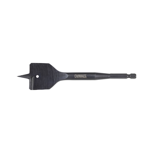 A DEWALT branded flat wood spade drill bit, designed for drilling large diameter holes in wood. The bit has a wide, flat blade with a pointed tip and two cutting edges, as well as a hex shank.