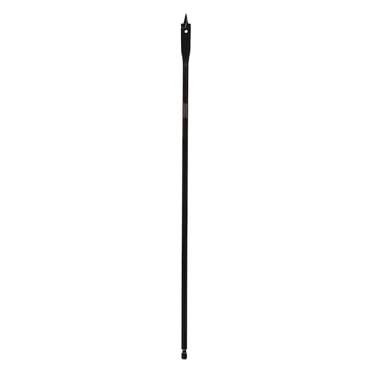 A long, black flat wood drill bit with a pointed tip, designed for drilling large holes in wood.
