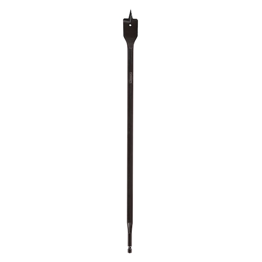 Flat wood drill bit with a long shaft for drilling large holes. DEWALT branding visible on the bit.