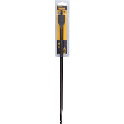 DEWALT DT4787 flat wood drill bit in packaging, long shaft, suitable for woodworking and precise drilling.