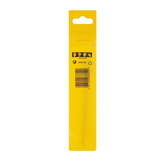 Back view of a yellow DEWALT DT4812 drill bit package with barcode and safety icons.
