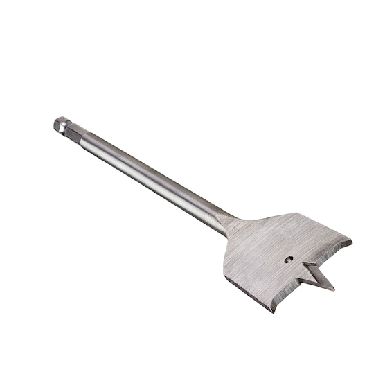 Flat wood spade drill bit with a hex shank, designed for drilling large holes in wood.