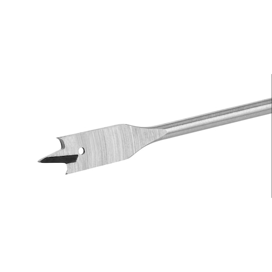 A close-up view of a flat wood drill bit with a pointed tip and a hole near the edge, designed for drilling into wood.