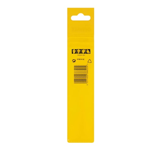 Back view of yellow DEWALT DT4814 packaging, showing safety icons, barcode, and recycling symbol.