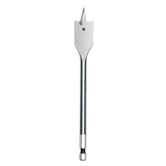A flat, metallic spade drill bit with a pointed tip and hexagonal shank, designed for making holes in wood.