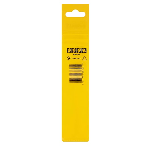 Back view of DEWALT DT4816 packaging, yellow with barcode, safety icons, SKU and recycling symbol.