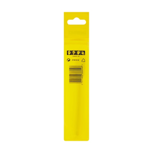 Back of DEWALT DT4818 yellow packaging with barcode and safety icons, elongated shape.