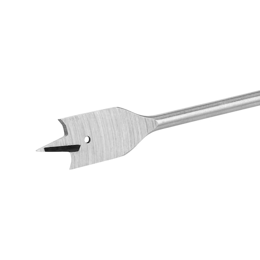 A close-up image of a flat spade drill bit with a pointed tip, made of metal, used for drilling holes in wood.