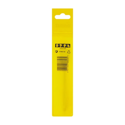 Back of DEWALT DT4822 yellow package with barcode, safety icons, SKU, and recycling symbol.