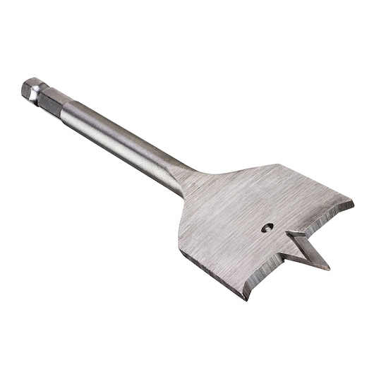 A close-up image of a DEWALT flat wood drill bit with a hexagonal shank and pointed tip, designed for making large diameter holes in wood.