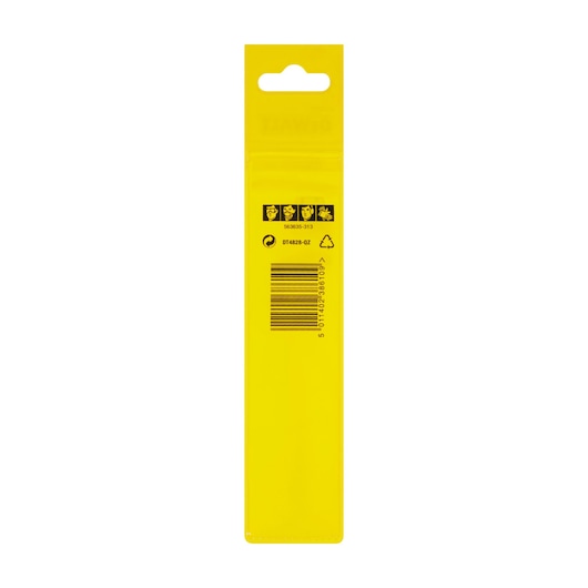 Back of a yellow DEWALT DT4828 package with barcode and safety icons, vertical orientation.