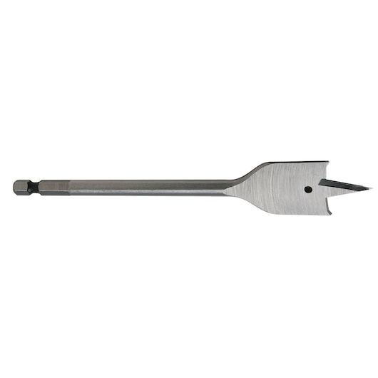 A DEWALT flat spade drill bit, used for woodworking, featuring a sharp pointed tip and a hex shank for secure attachment in a drill.