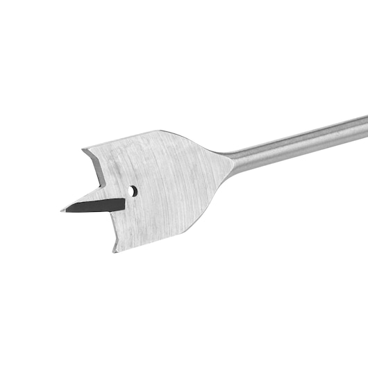 Close-up of a DEWALT flat wood drill bit, showing the metal blade and pointed tip on a white background.