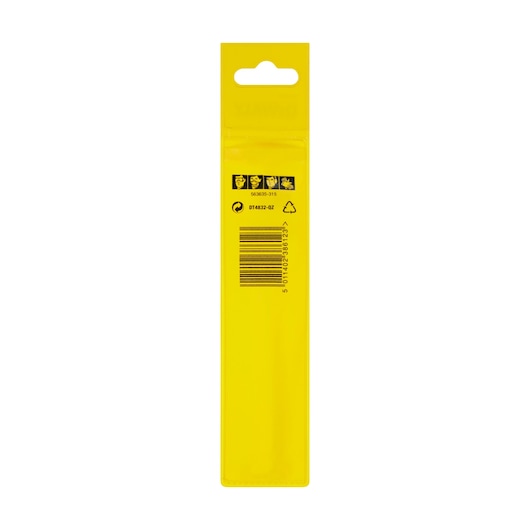 Back view of DEWALT DT4832 yellow drill bit packaging with barcode and safety icons.