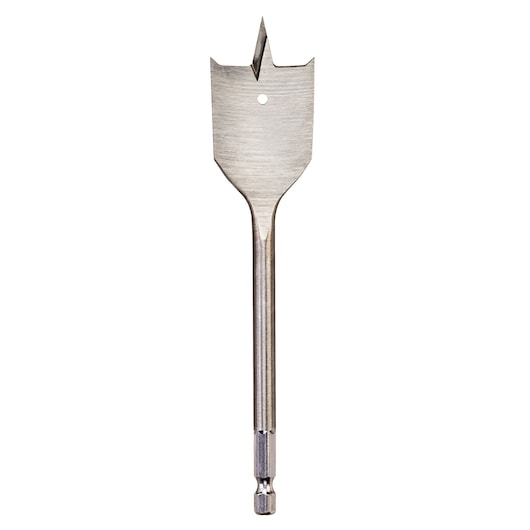 Flat spade drill bit for wood, with pointed tip and hex shank, isolated on a white background.