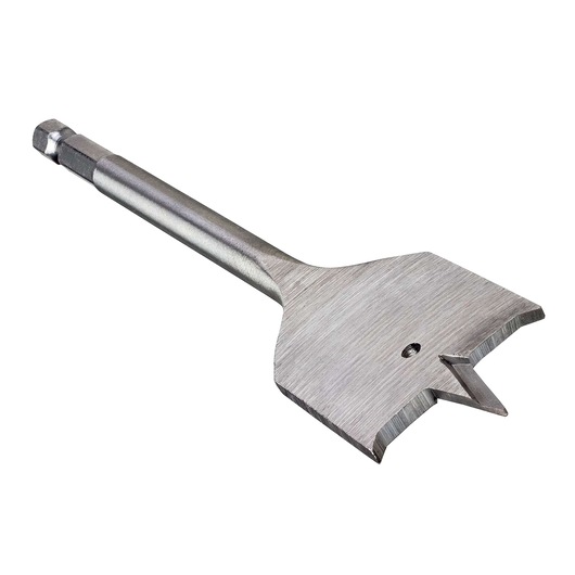Metal flat wood drill bit with hex shank and pointed tip, isolated on white background.