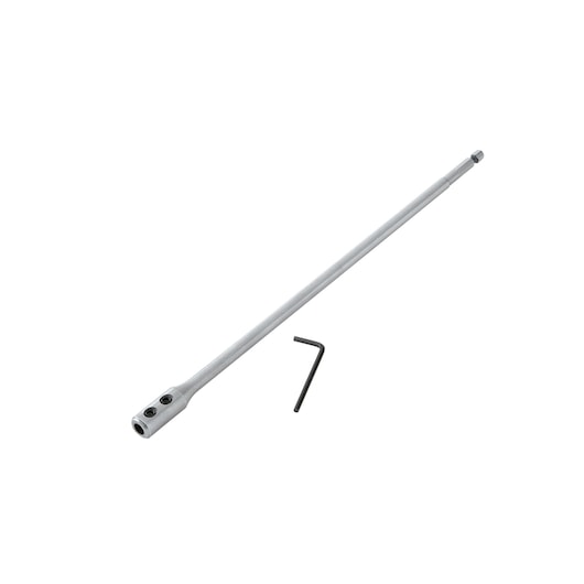 A metal drill extension bar and an L-shaped hex key tool on a white background.
