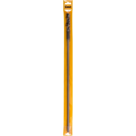 Long DEWALT drill bit in yellow packaging, suitable for drilling applications. Product shown vertically.