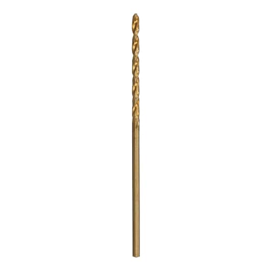 A single gold-colored DEWALT drill bit standing upright on a white background.