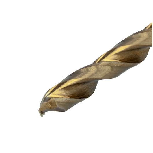 Close-up view of the tip of a metallic DEWALT drill bit with a gold finish, isolated on a white background.