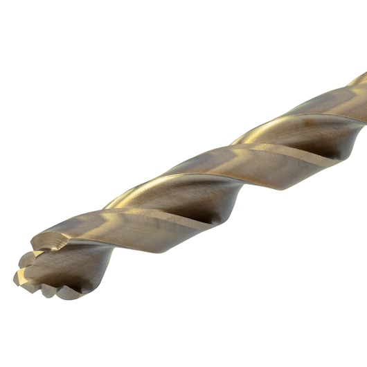 Close-up view of a metallic drill bit with a spiral design on a white background.