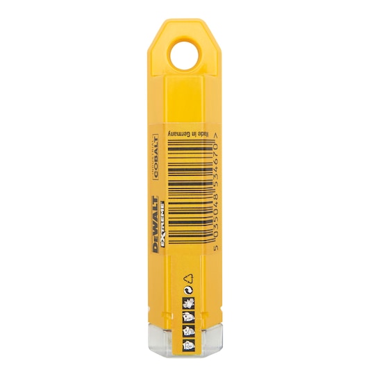 DEWALT DT4927 yellow cobalt drill bit pack with barcode, recycling icons, and a hanging hole.