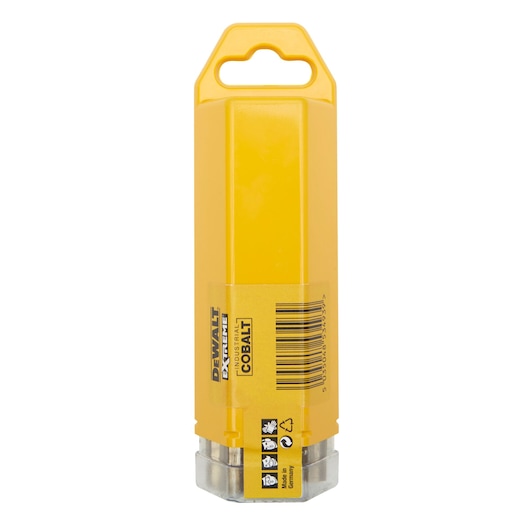 Yellow DEWALT DT4933 cobalt drill bit pack, barcode and safety icons visible on the label.