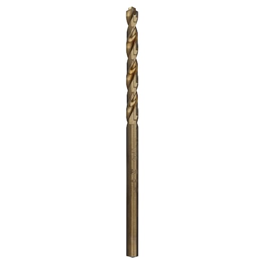 Metal twist drill bit with gold finish, DEWALT DT4937, shown vertically on a white background.