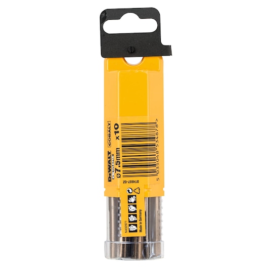 DEWALT DT4937 pack of 10 cobalt drill bits, 7.5mm, in yellow packaging with barcode and hanging hook.