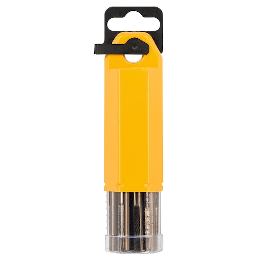DEWALT drill bit set in a yellow plastic case with a hanging tab and transparent bottom.