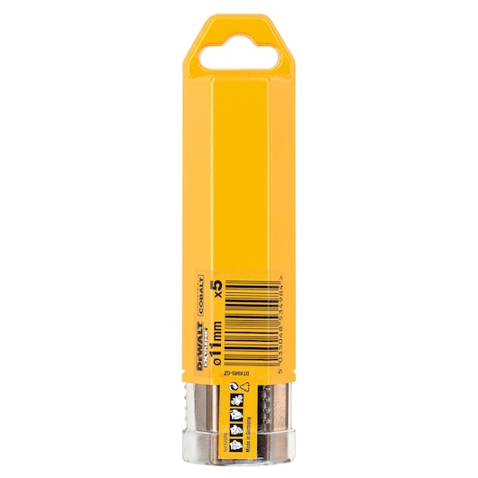 DEWALT DT4945 cobalt drill bit set in yellow packaging, labeled 11mm, contains five pieces.