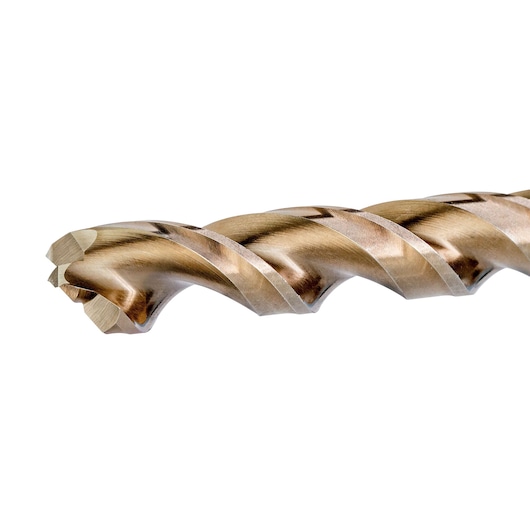 Close-up of a DEWALT metal drill bit with spiral fluting and sharp cutting edges.