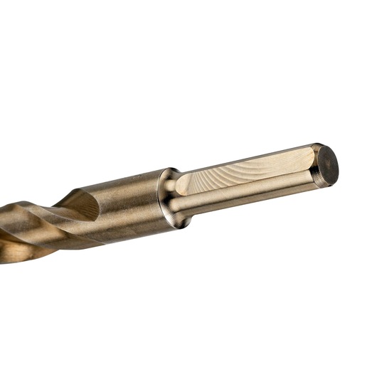 Close-up of a DEWALT metal drill bit with a hex shank, shown against a white background.