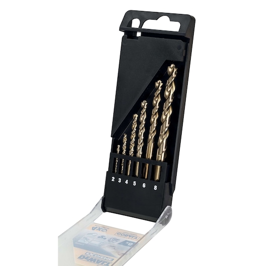 A set of six metal drill bits in different sizes (2, 3, 4, 5, 6, 8 mm) displayed inside an open black plastic DEWALT case.