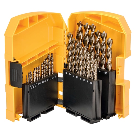 A yellow DEWALT case opened to display multiple metal drill bits organized by size, with black holders and numeric labels ranging from 1 to 10.5.