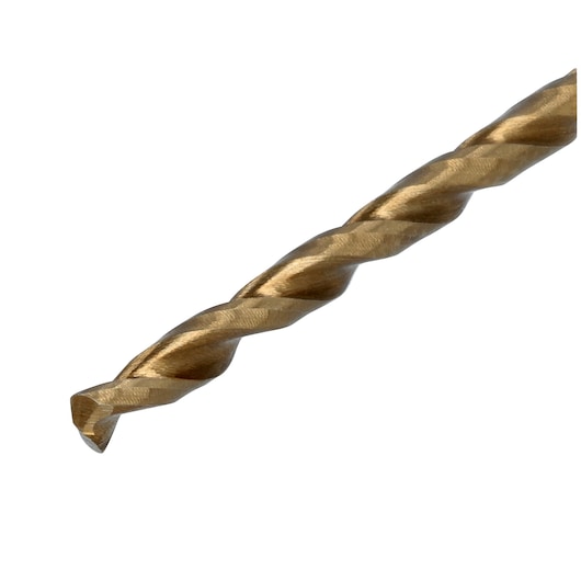 Close-up of a gold-colored twist drill bit against a white background.