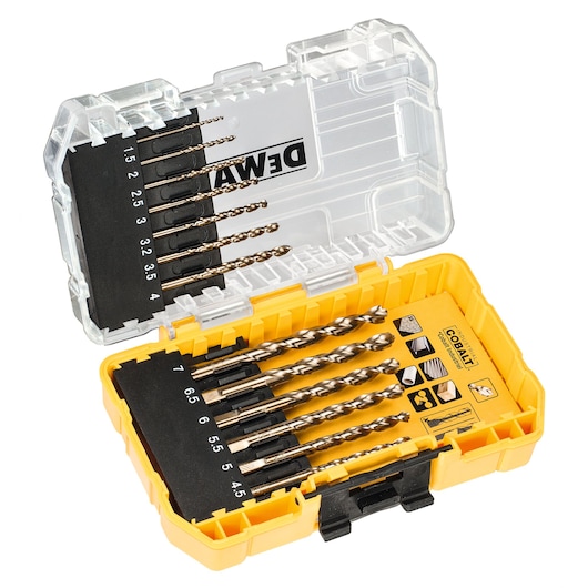 Yellow DEWALT drill bit set in a transparent case, showing various sizes arranged inside.