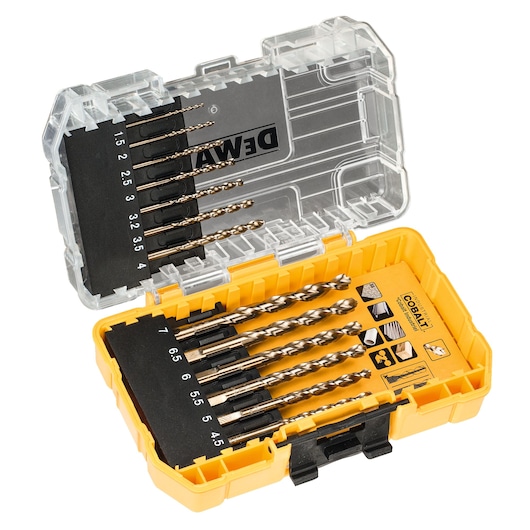 DEWALT drill bit set with various sizes in a yellow plastic box with clear lid.