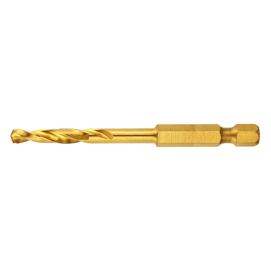 A close-up image of a gold-colored DEWALT twist drill bit with a hex shank, used for drilling into metal, wood, or plastic.