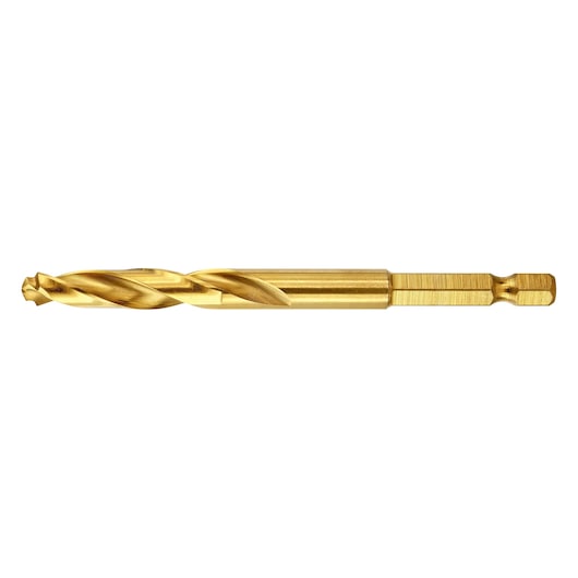 Gold DEWALT DT50014 drill bit with hex shank for power tools, shown on white background.