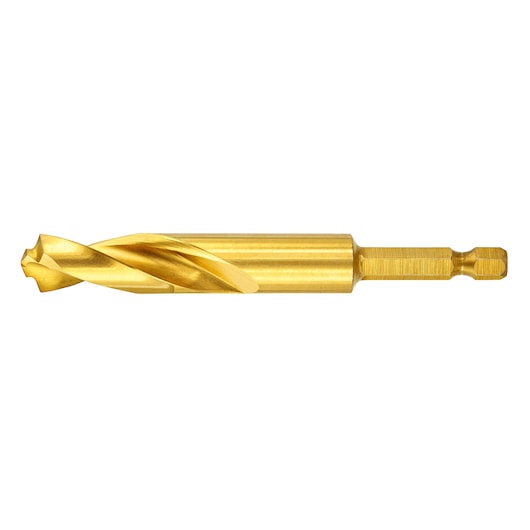 Gold-colored DEWALT drill bit with hex shank, shown against a white background.
