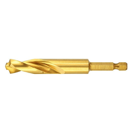 Golden DEWALT drill bit with hex shank for photography, shown against a white background.