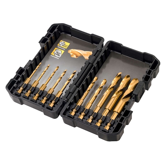 DEWALT titanium drill bit set in a black case, showing various sizes for drilling tasks.