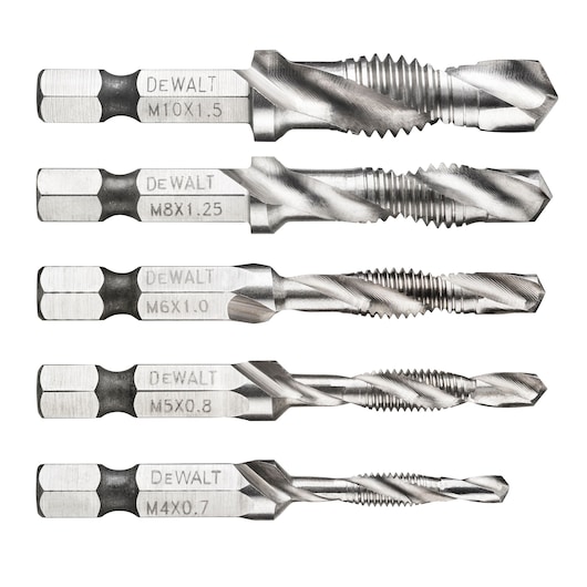 A set of five DEWALT metal drill taps in various sizes, each labeled with its metric measurements: M10x1.5, M8x1.25, M6x1.0, M5x0.8, and M4x0.7. The taps are arranged horizontally against a white background.