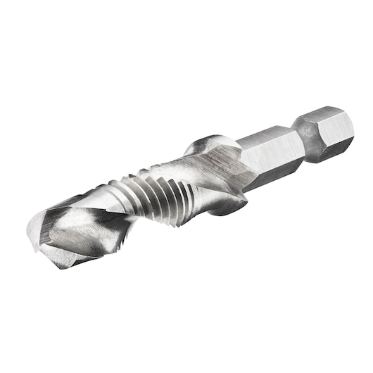 A close-up view of a DEWALT DT50060 metal drill tap bit with a hex shank, used for drilling and threading holes.